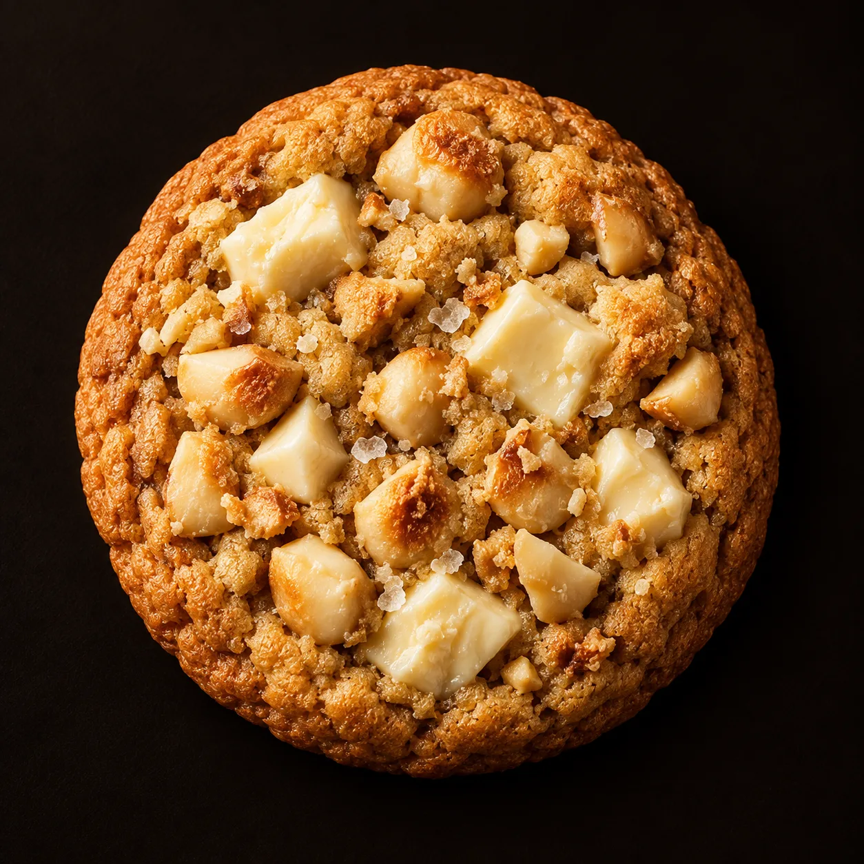 AI-generated white chocolate macadamia cookie concept with white chocolate chunks and toasted macadamia nuts on a dark chocolate-brown background.